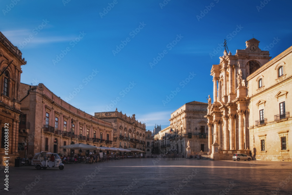 Fototapeta premium Panorama of an empty Piazza Duomo and of the Cathedral of Syracuse, Sicily, Italy. June 2023