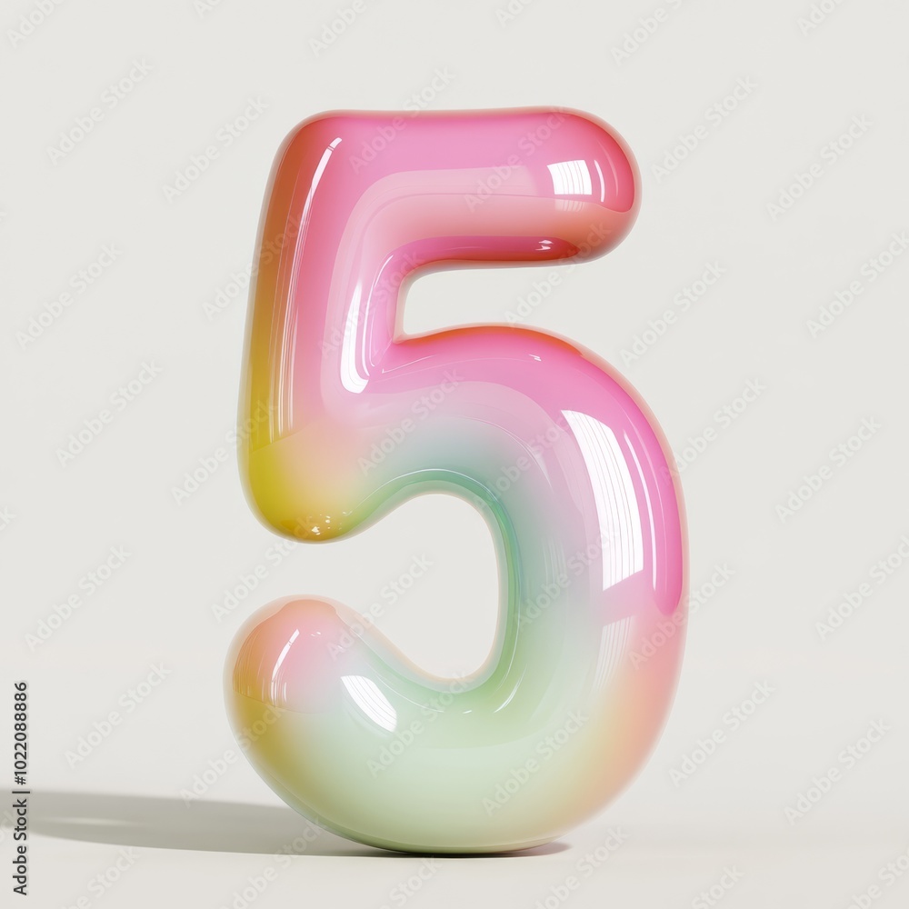 A playful 3D front view of the number 5 with smooth rounded edges and bright pastel colors, evoking fun and learning, making it ideal for children's educational tools. A playful 3D front view of the number 5 with smooth rounded edges and bright pastel colors, evoking fun and learning, making it ideal for children's educational tools.