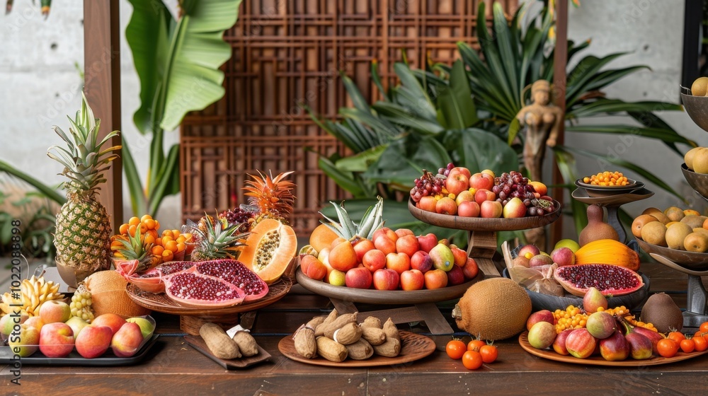Colorful Display of Fresh Fruits on Wooden Tables Colorful Display of Fresh Fruits on Wooden Tables