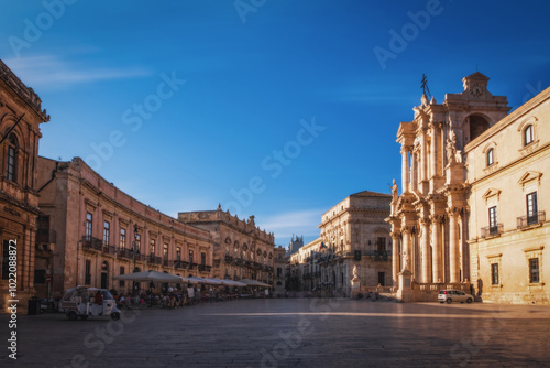 Panorama of an empty Piazza Duomo and of the Cathedral of Syracuse, Sicily, Italy. June 2023 photo