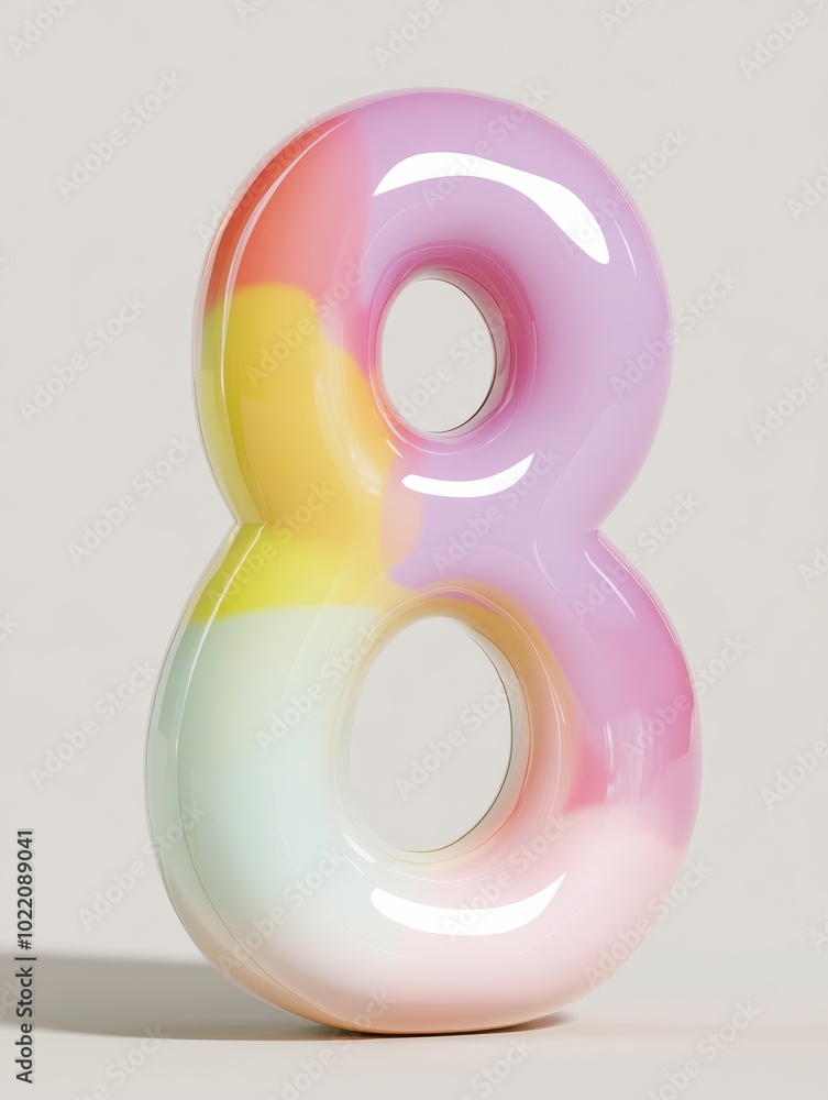 A playful 3D front view of the number 8 with smooth rounded edges in bright pastel colors, evoking fun and learning, making it perfect for children's educational tools. A playful 3D front view of the number 8 with smooth rounded edges in bright pastel colors, evoking fun and learning, making it perfect for children's educational tools.