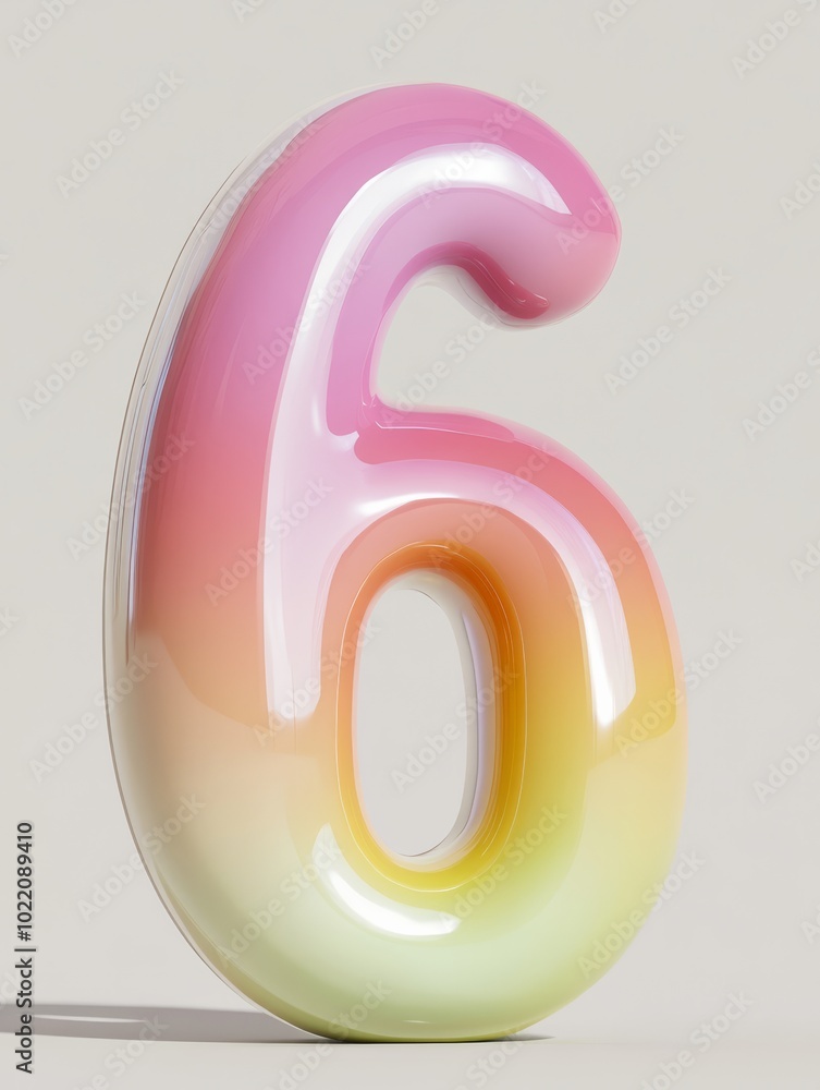A playful 3D style front view of the number 6 with smooth rounded edges and bright pastel colors, evoking fun and learning, making it ideal for children's educational tools. A playful 3D style front view of the number 6 with smooth rounded edges and bright pastel colors, evoking fun and learning, making it ideal for children's educational tools.