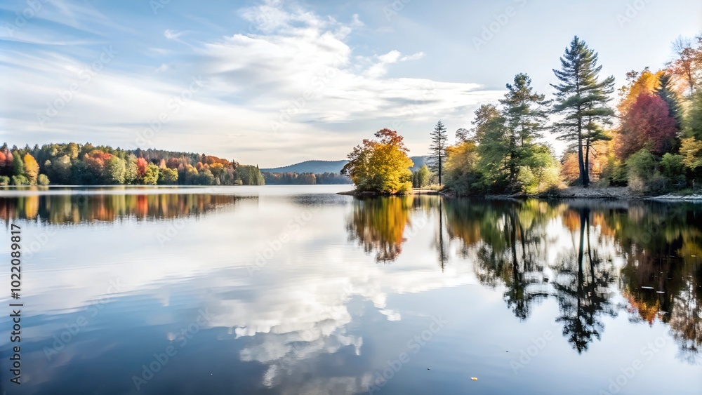 Obraz premium A serene lake reflecting autumn foliage