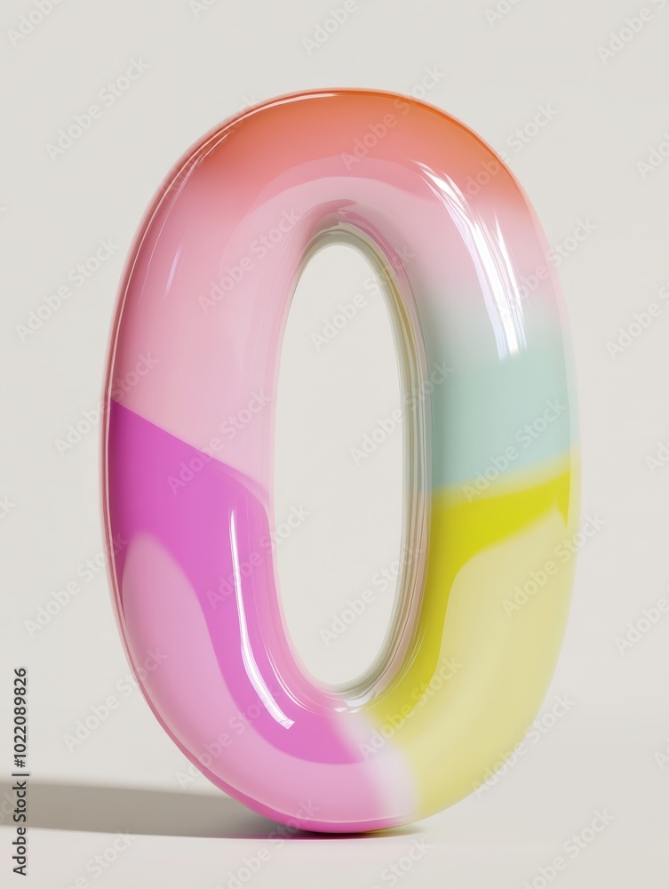 A playful 3D front view of the number 0 with smooth rounded edges and bright pastel colors, evoking fun and learning, making it ideal for children's educational tools.