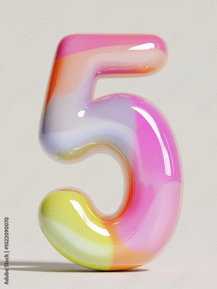 A playful 3D front view of the number 5 with smooth rounded edges and bright pastel colors, evoking fun and learning, making it ideal for children's educational tools. A playful 3D front view of the number 5 with smooth rounded edges and bright pastel colors, evoking fun and learning, making it ideal for children's educational tools.