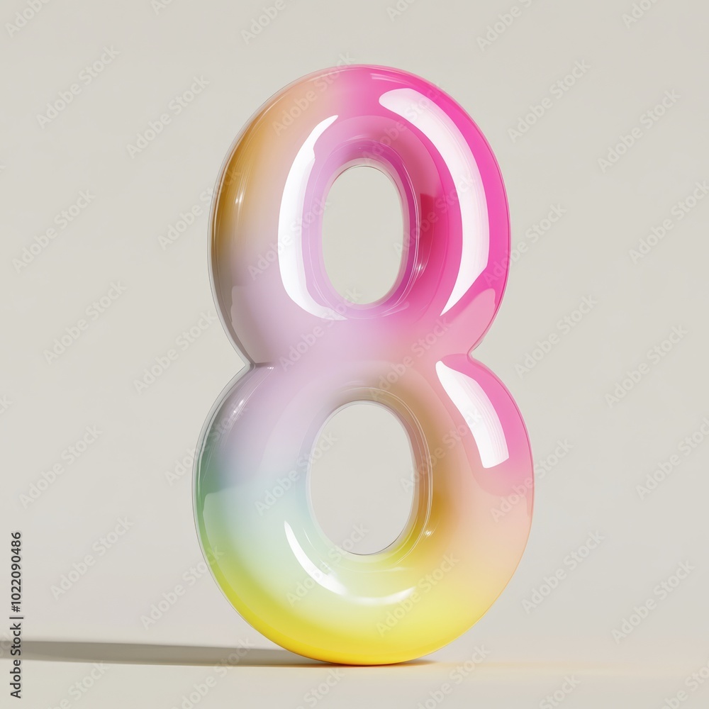 A playful 3D front view of the number 8 with smooth rounded edges and bright pastel colors, evoking fun and learning, ideal for children's educational tools. A playful 3D front view of the number 8 with smooth rounded edges and bright pastel colors, evoking fun and learning, ideal for children's educational tools.
