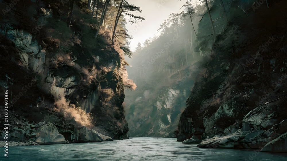 Flowing water moving through forested canyon Flowing water moving through forested canyon
