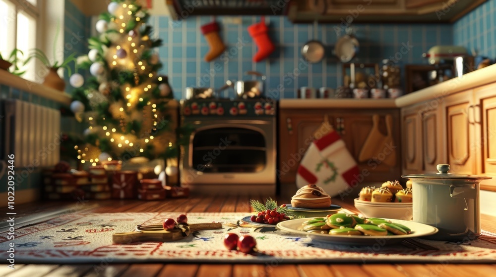 Naklejka premium Cozy Christmas Kitchen with Festive Decor and Treats