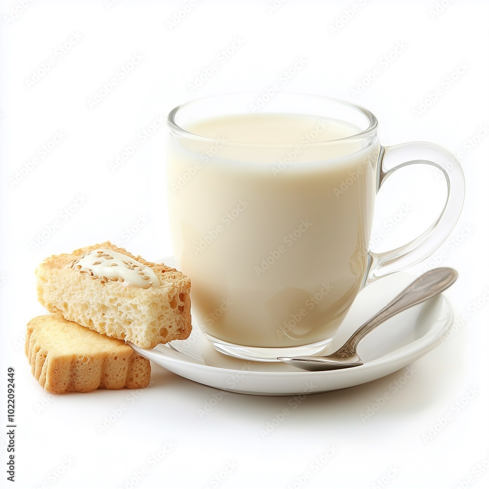 Glass cup filled with milk accompanied by fresh small bread toasts, isolated on white background. Glass cup filled with milk accompanied by fresh small bread toasts, isolated on white background.