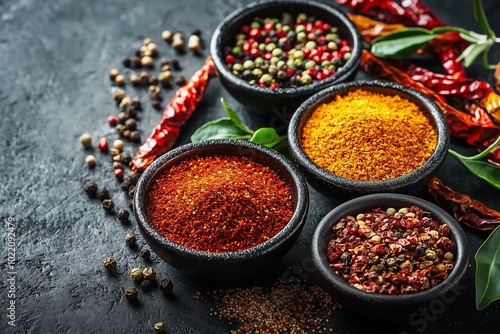 Collection of spices, herbs, and seeds in wooden bowls on black table. photo