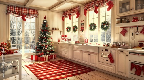 Cozy Christmas Kitchen with Tree and Decorations