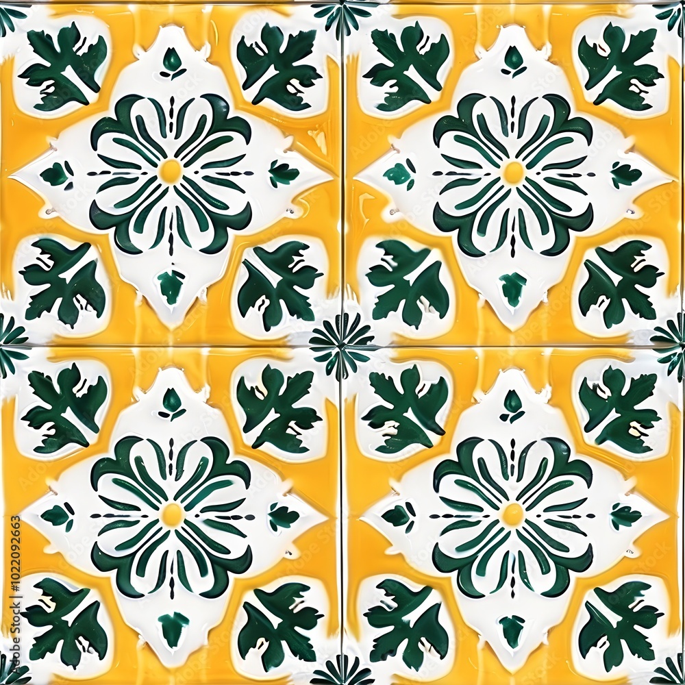 Fototapeta premium Ethnic folk ceramic tile in talavera style with yellow and green floral ornament. Italian pattern, traditional Portuguese and Spain decor. Mediterranean porcelain pottery isolated on white background