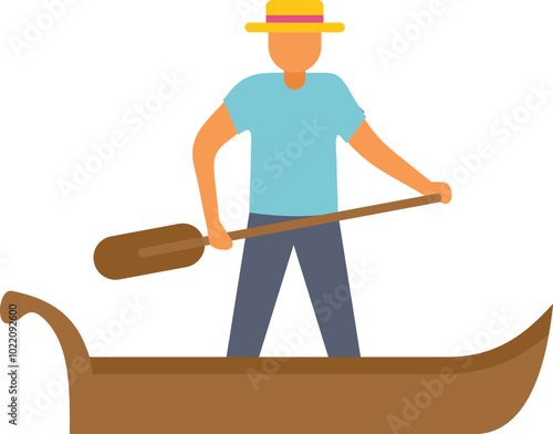 Gondolier wearing straw hat rowing gondola on venice canal in flat design style