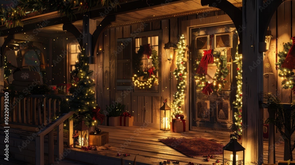 Fototapeta premium Cozy Holiday Front Porch with Festive Decorations