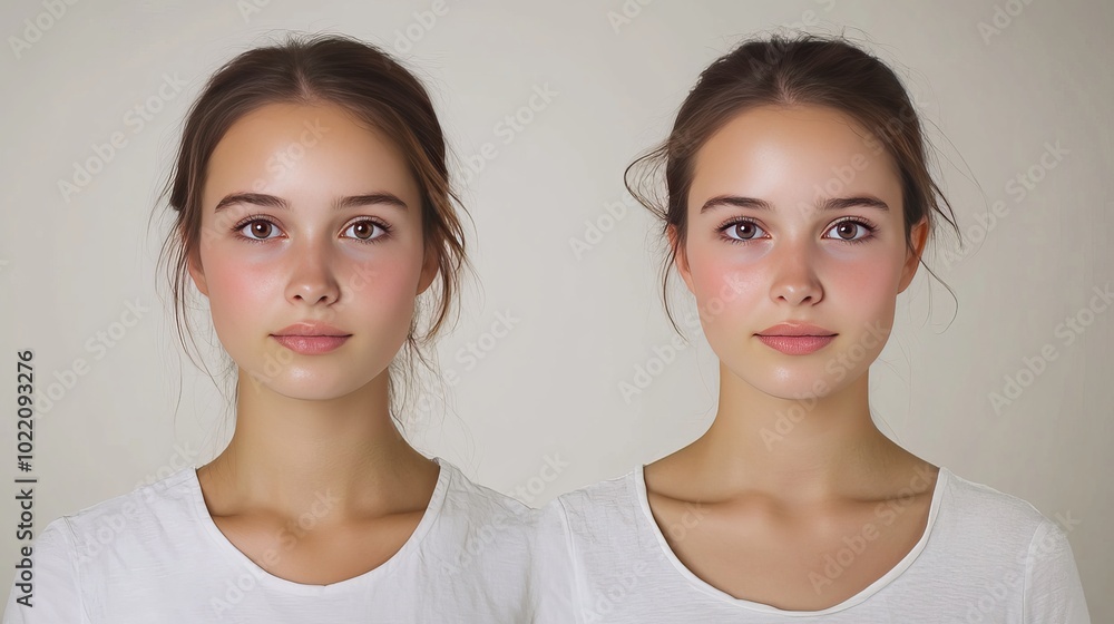 Isolated picture showing a young woman before and after makeup. Isolated picture showing a young woman before and after makeup.