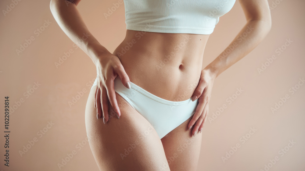 Fototapeta premium A woman is wearing white underwear and a white shirt. She is standing with her hands on her hips