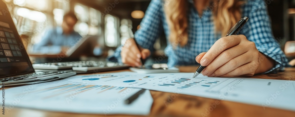 Close-up of a hand writing on a document with graphs and charts Close-up of a hand writing on a document with graphs and charts
