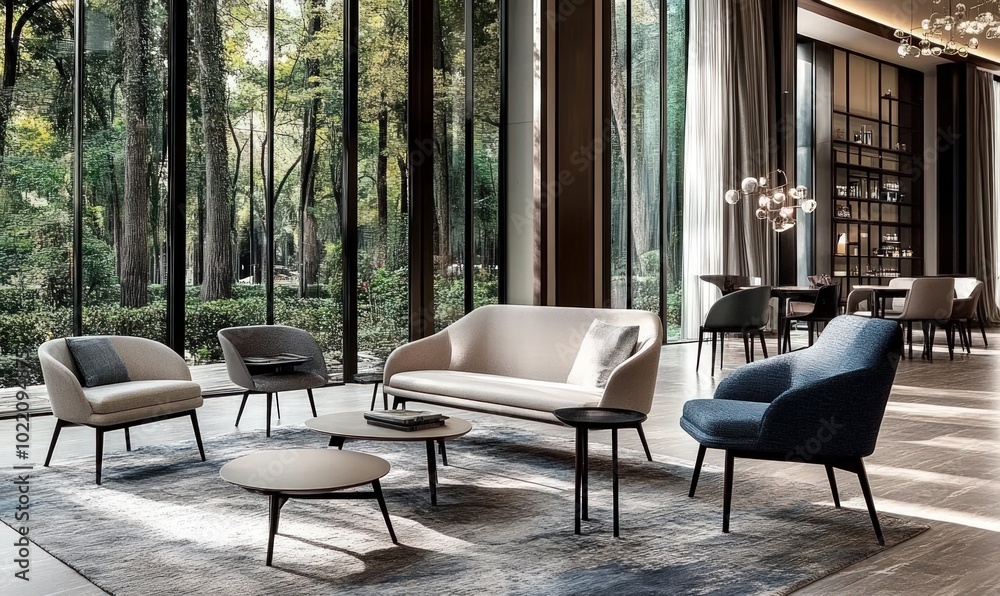 Fototapeta premium Modern living room interior with a sofa, armchairs, coffee tables, and a rug.
