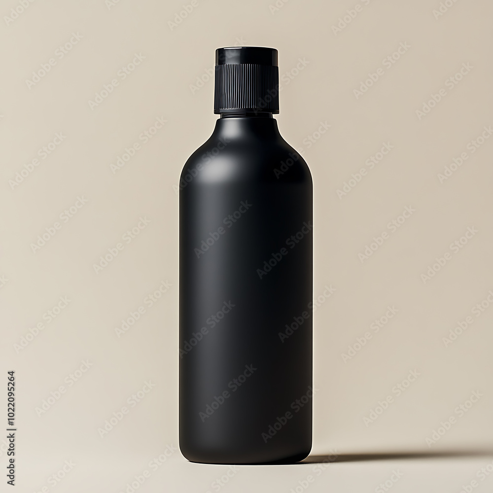 A black plastic bottle with a black cap sits on a beige background. The bottle is empty and ready for your label. A black plastic bottle with a black cap sits on a beige background. The bottle is empty and ready for your label.