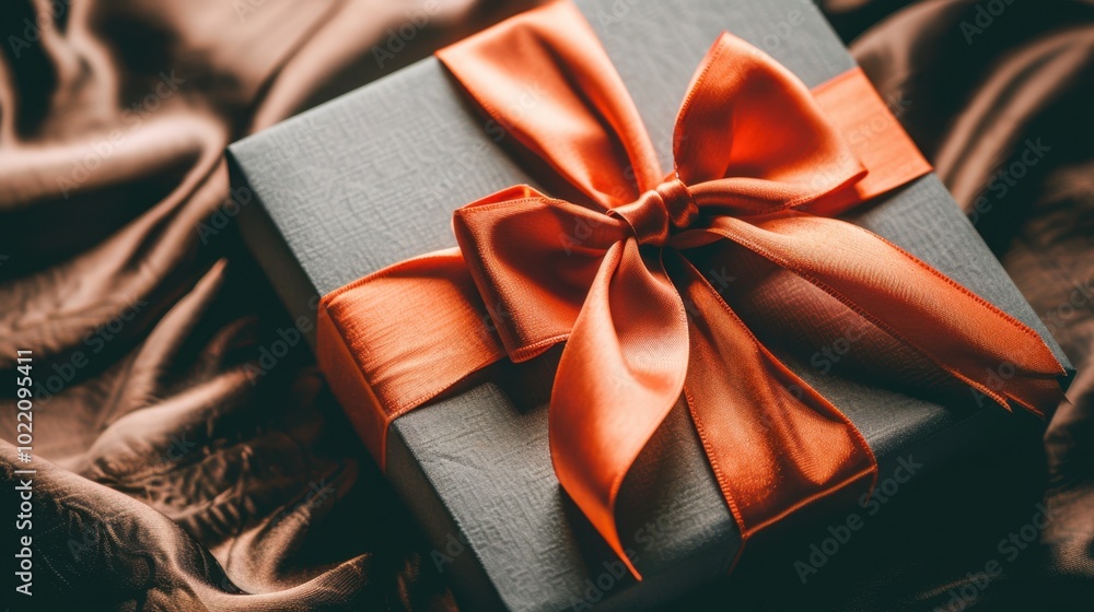 Elegant Gift Box with Orange Ribbon on Soft Fabric Elegant Gift Box with Orange Ribbon on Soft Fabric