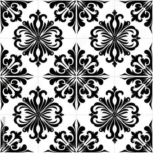 Ethnic folk ceramic tile in talavera style with black floral ornament. Italian pattern, traditional Portuguese and Spain decor. Mediterranean porcelain pottery isolated on white background