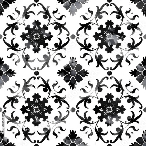 Ethnic folk ceramic tile in talavera style with black floral ornament. Italian pattern, traditional Portuguese and Spain decor. Mediterranean porcelain pottery isolated on white background