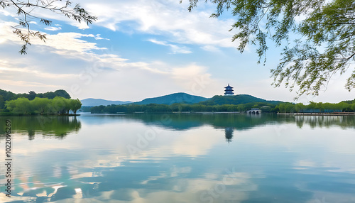 Scenic view of Taihu Lake with mirror-like water and seamless sky. photo