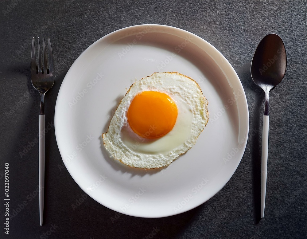 delicious fried egg with fork and spoon on white plate delicious fried egg with fork and spoon on white plate