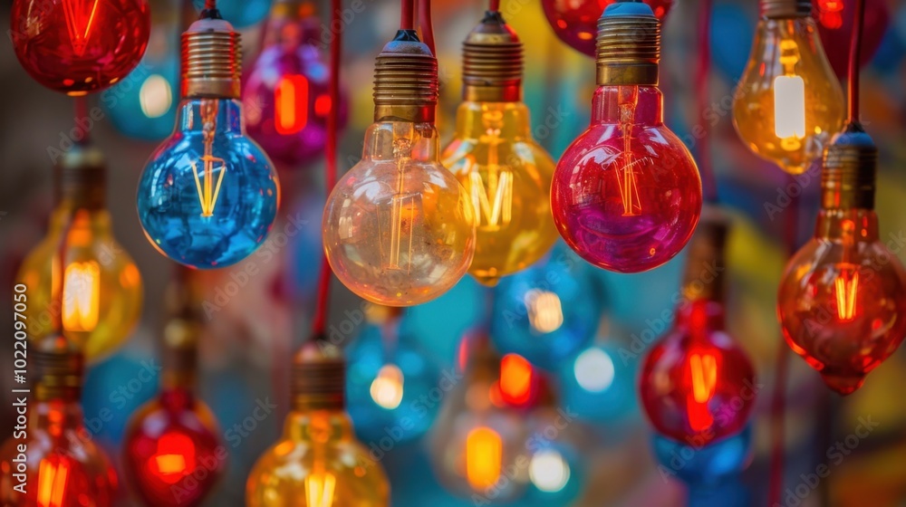 Naklejka premium Colorful Hanging Light Bulbs for Festive Decor