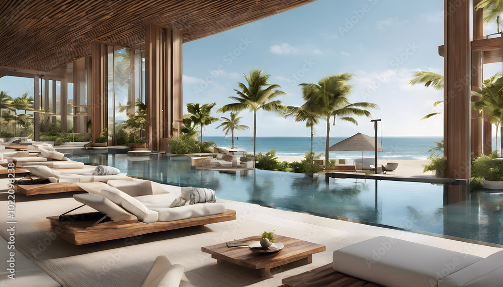 Fototapeta premium Relax on lounge chairs by the crystal-clear pool, surrounded by lush tropical gardens and breathtaking ocean views