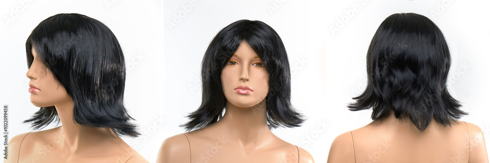 Wig of black color on mannequin head on white background in 3 angles, front, side, and back Wig of black color on mannequin head on white background in 3 angles, front, side, and back