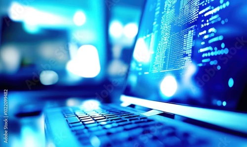 Close-up of a laptop screen displaying programming code in a blue light.