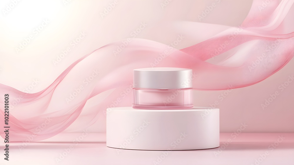 1. **Create an elegant abstract background featuring a soft pink gradient. Place a smooth, white cylinder podium in the center, showcasing a luxurious cosmetic product elegantly displayed on top. The 1. **Create an elegant abstract background featuring a soft pink gradient. Place a smooth, white cylinder podium in the center, showcasing a luxurious cosmetic product elegantly displayed on top. The