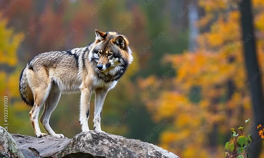A solitary Timber Wolf (Canis lupus) perched on a rocky ledge, gazing back on a rainy autumn day in Quebec, Canada. A solitary Timber Wolf (Canis lupus) perched on a rocky ledge, gazing back on a rainy autumn day in Quebec, Canada.