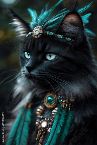 a native shaman kitty cat futuristic fantasy character portrait