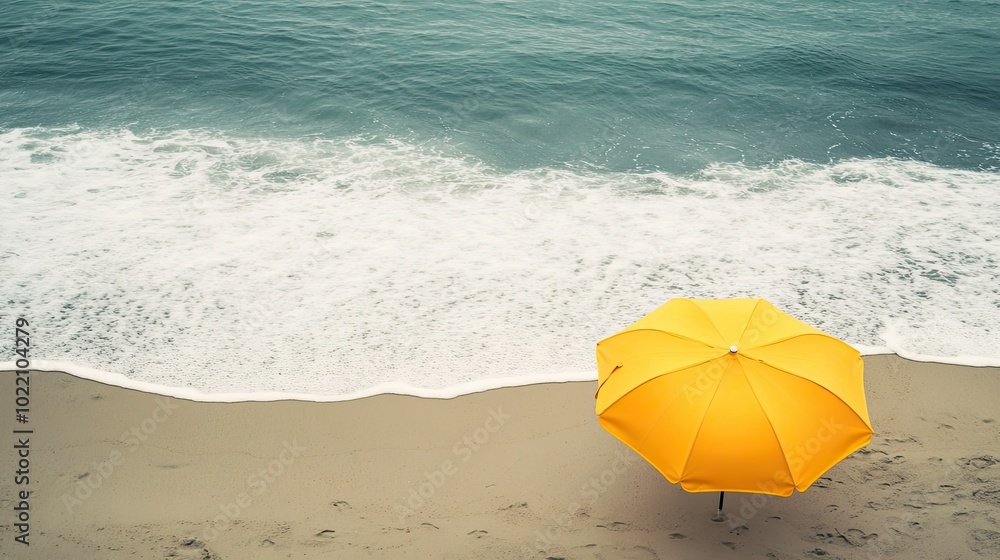 A minimalist scene of a yellow beach umbrella on a sandy shore, with the ocean waves gently lapping in the background. A minimalist scene of a yellow beach umbrella on a sandy shore, with the ocean waves gently lapping in the background.