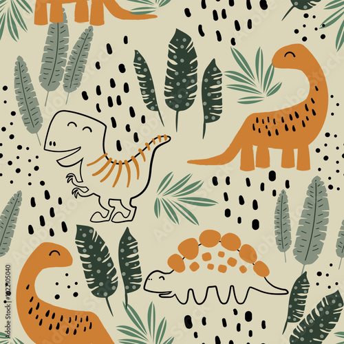 Jungle seamless pattern with dinosaurs and leaves. Colorful background with cute dinosaurs for kids.