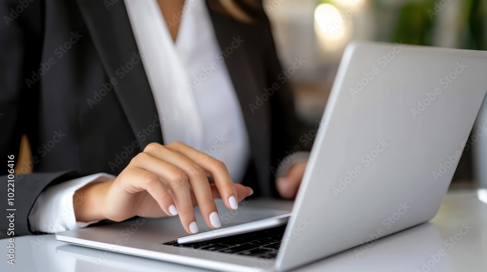 Close-up of Businesswoman Working on Laptop: A focused businesswoman typing on a laptop, with a clean and organized workspace, productivity and concentration in a professional environment Close-up of Businesswoman Working on Laptop: A focused businesswoman typing on a laptop, with a clean and organized workspace, productivity and concentration in a professional environment
