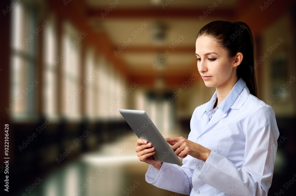 Business woman work with tablet computer and typing in office Business woman work with tablet computer and typing in office