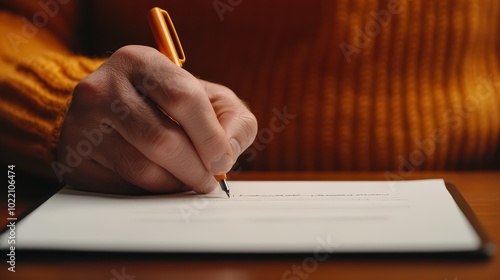 Signing the Deal: Close-up of a hand signing a document with a gold pen, signifying a crucial moment of agreement and commitment.  