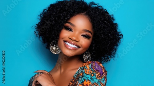 Radiant Smile, Vibrant Beauty: An African American woman with a bright, radiant smile, exuding confidence and charm, set against a blue studio backdrop