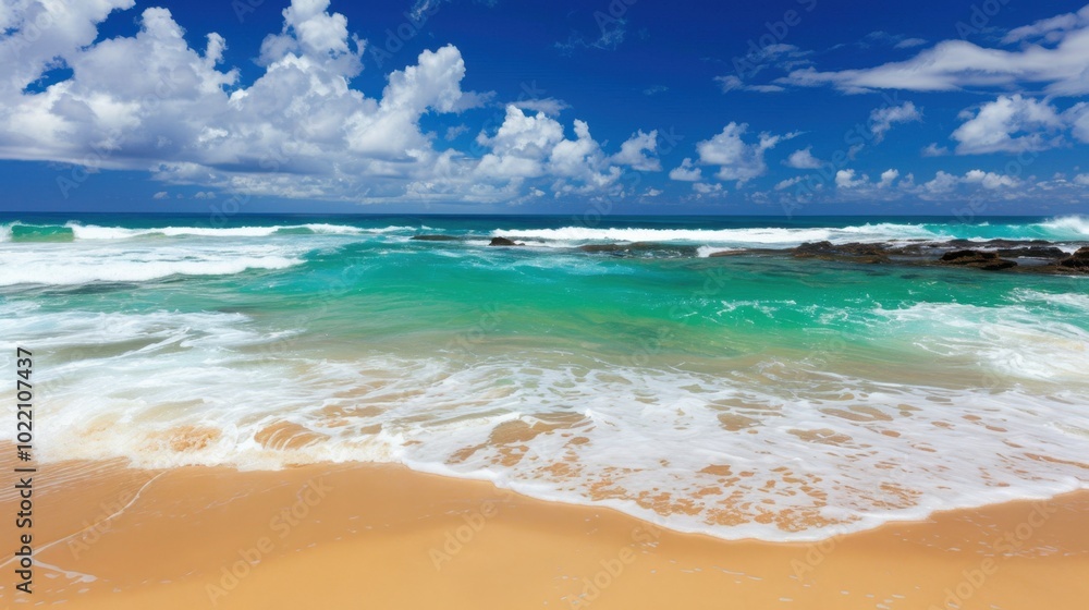 Fototapeta premium Serene Beach View with Turquoise Waves and Clouds