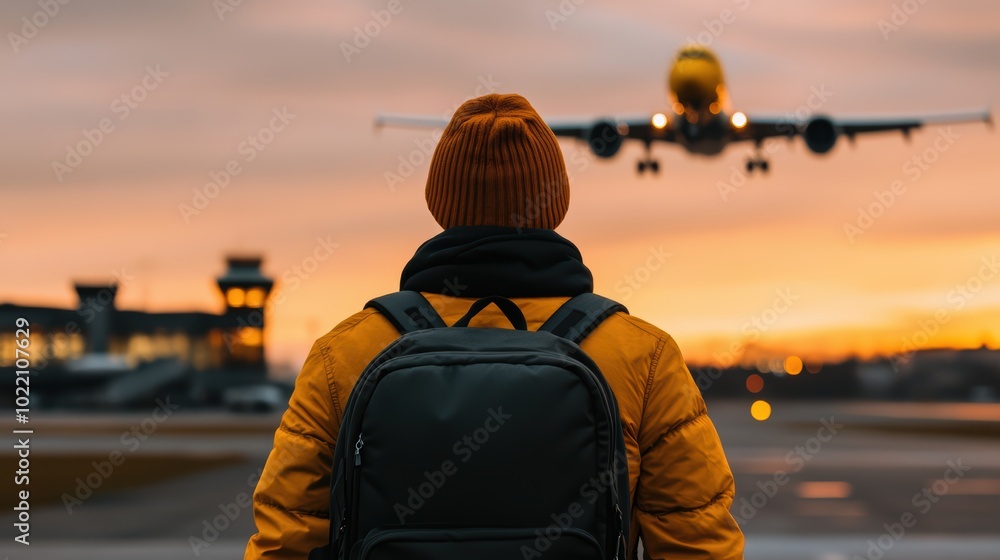 Awaiting Departure: A lone traveler against a fiery sunset, gazes at an airplane preparing for landing, concept of travel activities for work and travel programs Awaiting Departure: A lone traveler against a fiery sunset, gazes at an airplane preparing for landing, concept of travel activities for work and travel programs