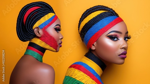 Vibrant African Fashion with Colorful Braided Headwraps, AI photo