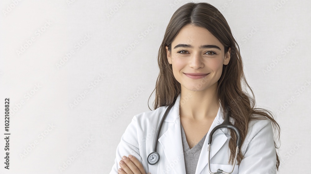 Portrait of Smiling Female Doctor with Arms Crossed on White Background and space for text Portrait of Smiling Female Doctor with Arms Crossed on White Background and space for text