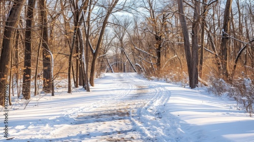 Winter Trail Through Snowy Woodland Landscape