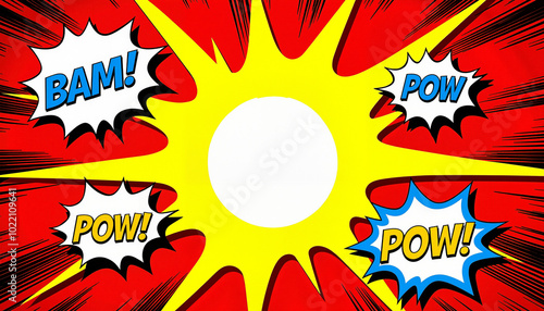 Comic style speech bubbles with words BAM and POW on a dynamic colorful background photo