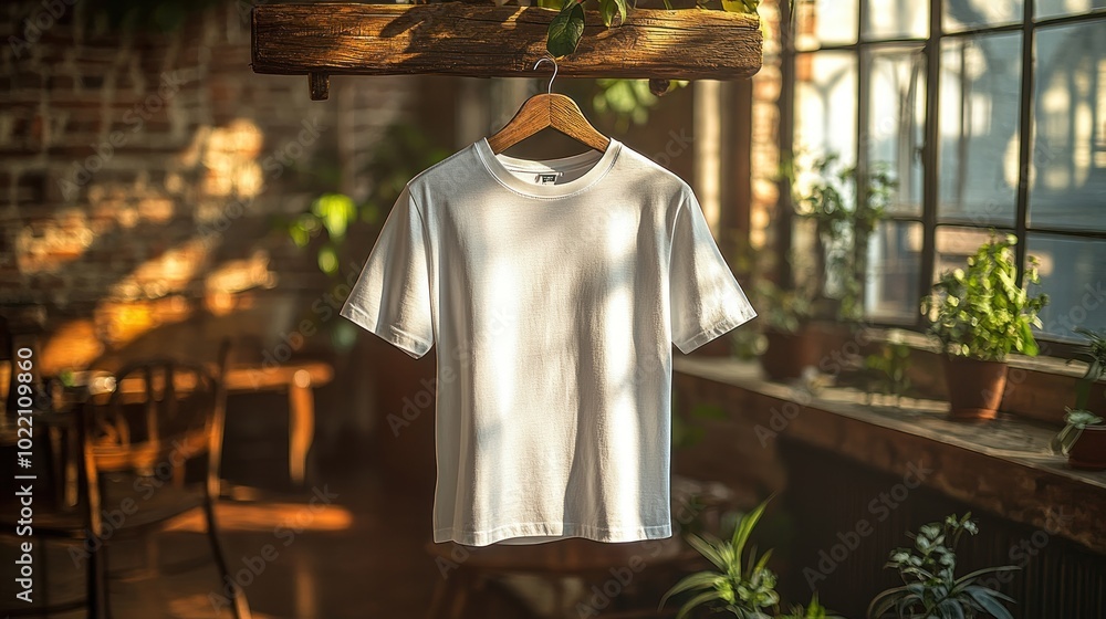 A white t-shirt hanging in a sunlit room with plants. A white t-shirt hanging in a sunlit room with plants.