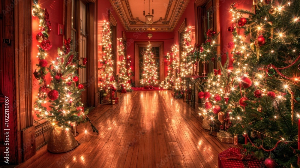 Fototapeta premium Festive Hallway with Glowing Christmas Trees