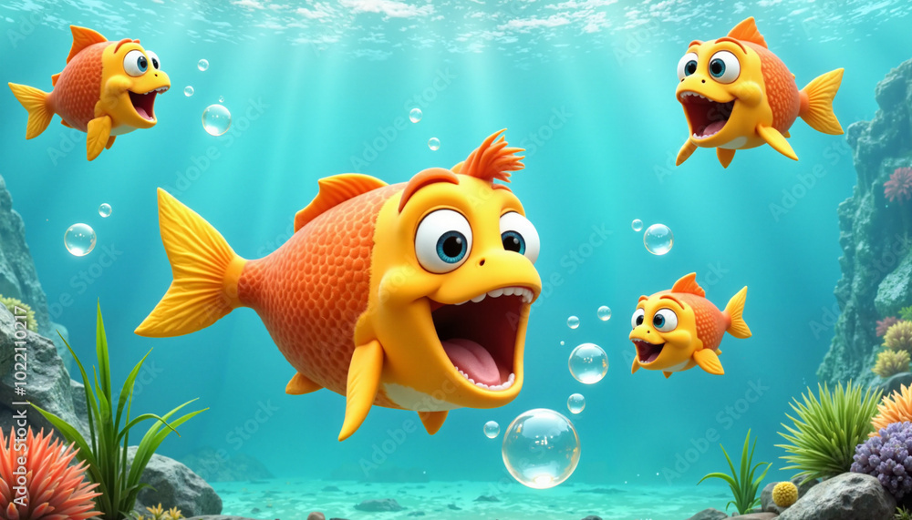 Fototapeta premium Cheerful animated fish with big eyes and smiles swimming in a colorful underwater world